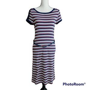 LRL Lauren Jeans Co Vintage cotton short sleeve‎ belted stripped midi dress M